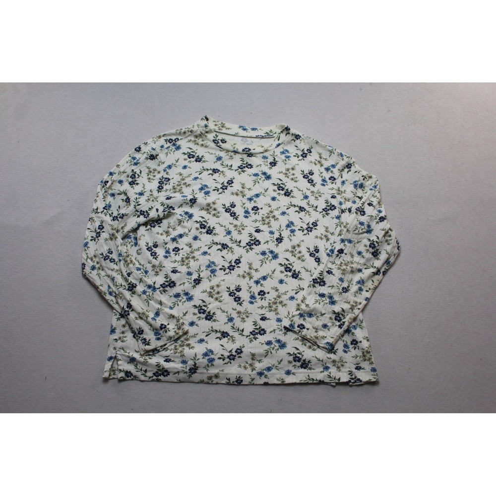 Old Navy Floral Top Women Large White Excellent Ribbed Long Sleeve Crewneck